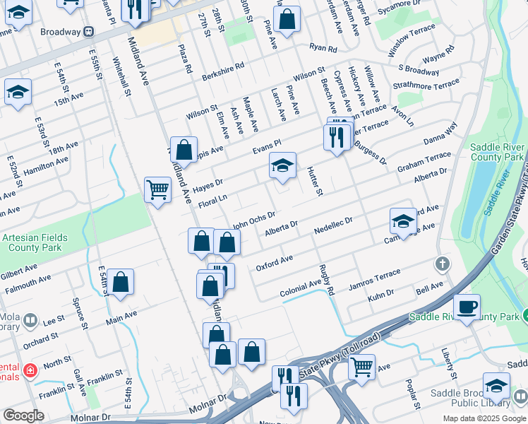map of restaurants, bars, coffee shops, grocery stores, and more near 267 John Ochs Drive in Saddle Brook