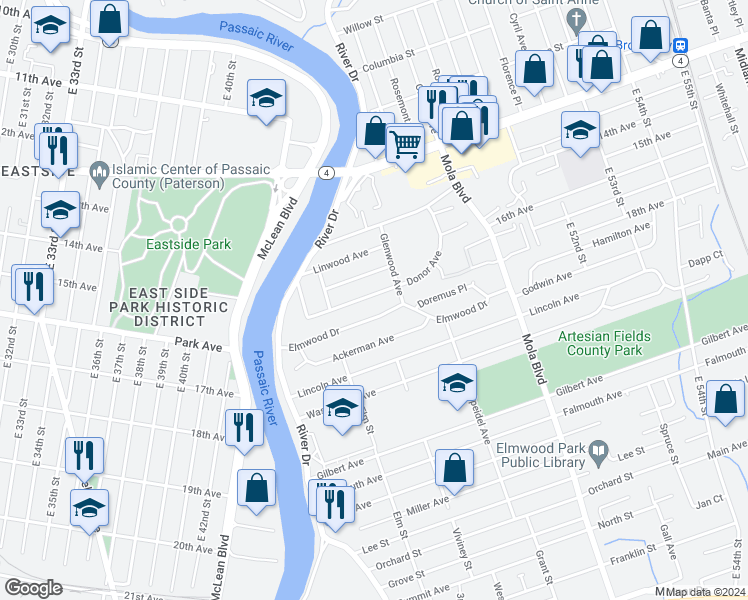 map of restaurants, bars, coffee shops, grocery stores, and more near 66 Donor Avenue in Elmwood Park