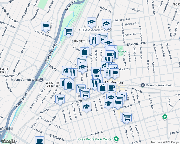 map of restaurants, bars, coffee shops, grocery stores, and more near 68 North 9th Avenue in Mount Vernon