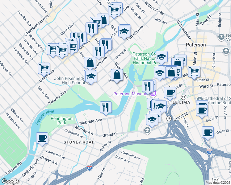 map of restaurants, bars, coffee shops, grocery stores, and more near 68 Front Street in Paterson