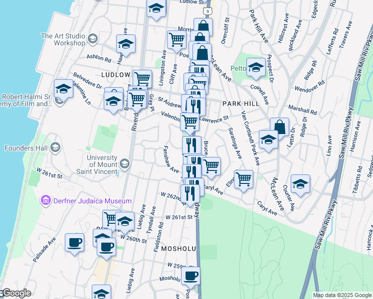 map of restaurants, bars, coffee shops, grocery stores, and more near 40 Leighton Avenue in Yonkers