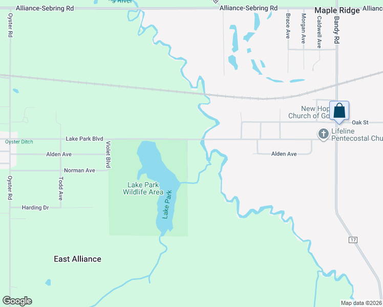 map of restaurants, bars, coffee shops, grocery stores, and more near 14139 Lake Park Row in Alliance