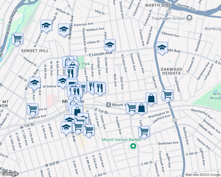 map of restaurants, bars, coffee shops, grocery stores, and more near 19 Archer Avenue in Mount Vernon