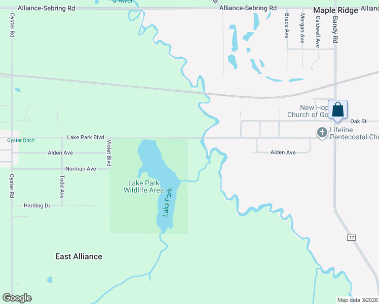 map of restaurants, bars, coffee shops, grocery stores, and more near 14139 Lake Park Row in Alliance