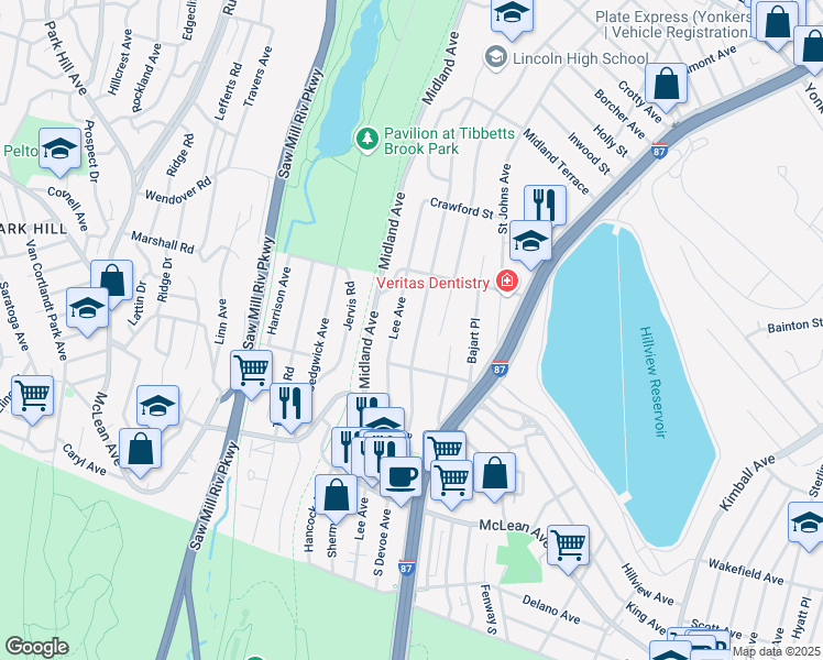 map of restaurants, bars, coffee shops, grocery stores, and more near 137 Devoe Avenue in Yonkers