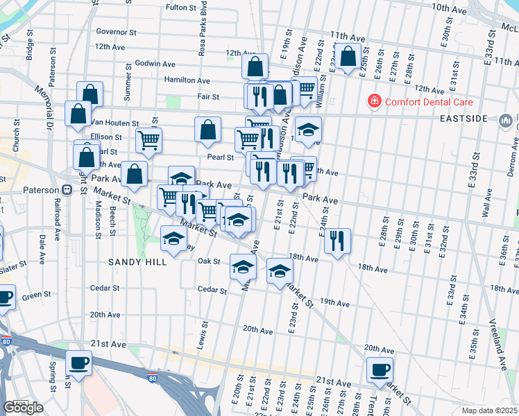 map of restaurants, bars, coffee shops, grocery stores, and more near 786 Madison Avenue in Paterson