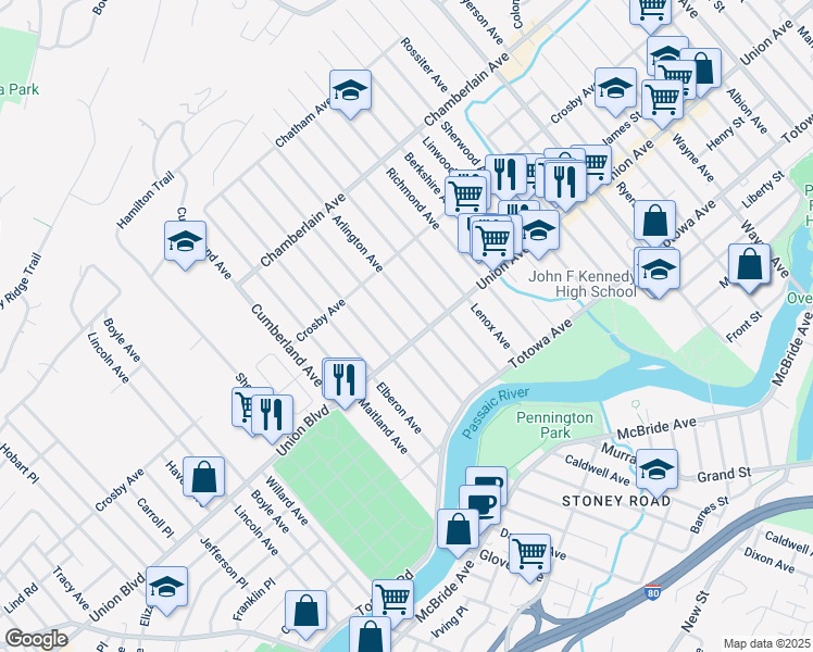 map of restaurants, bars, coffee shops, grocery stores, and more near 88 Burlington Avenue in Paterson
