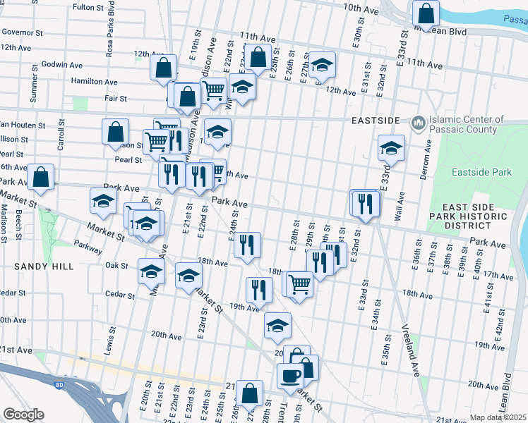 map of restaurants, bars, coffee shops, grocery stores, and more near 380 Park Avenue in Paterson
