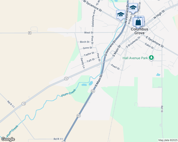 map of restaurants, bars, coffee shops, grocery stores, and more near 10695 Ohio 12 in Columbus Grove
