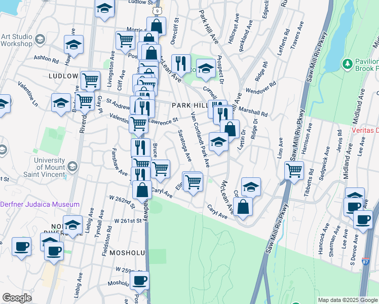 map of restaurants, bars, coffee shops, grocery stores, and more near 110 Saratoga Avenue in Yonkers