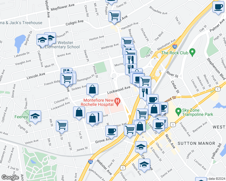 map of restaurants, bars, coffee shops, grocery stores, and more near 60 Guion Place in New Rochelle