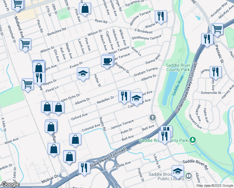 map of restaurants, bars, coffee shops, grocery stores, and more near 413 Fairlawn Parkway in Saddle Brook