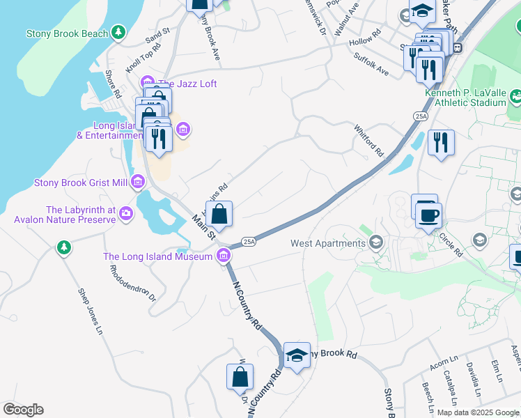 map of restaurants, bars, coffee shops, grocery stores, and more near 23 Skyview Lane in Stony Brook