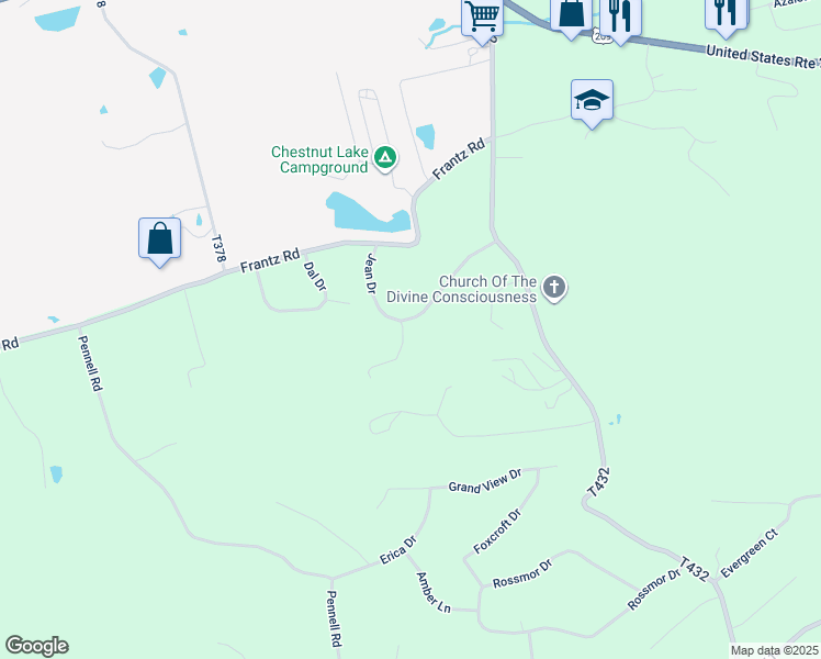 map of restaurants, bars, coffee shops, grocery stores, and more near Deanne Court in Brodheadsville