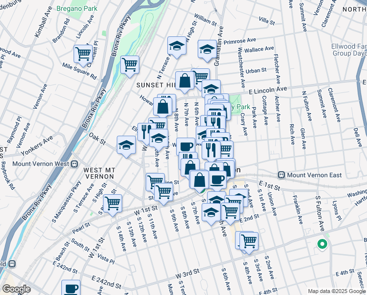 map of restaurants, bars, coffee shops, grocery stores, and more near 56 West Sidney Avenue in Mount Vernon