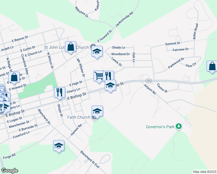 map of restaurants, bars, coffee shops, grocery stores, and more near 817 East Bishop Street in Bellefonte