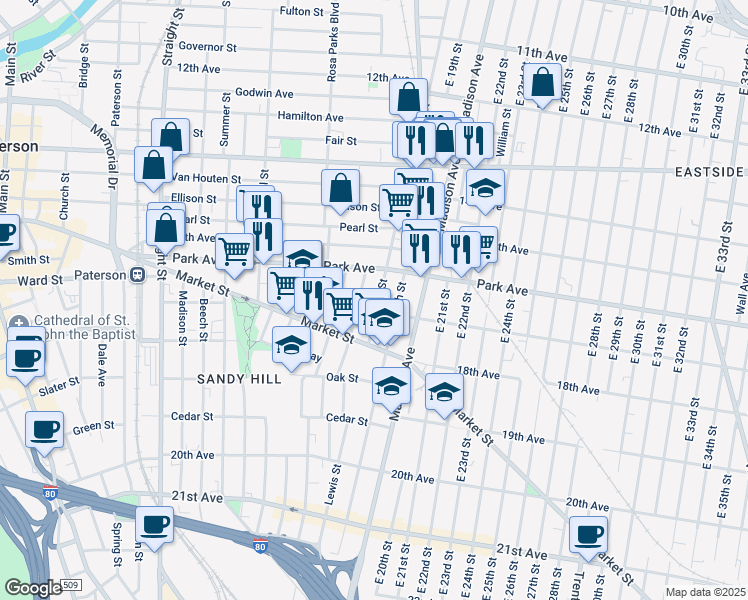 map of restaurants, bars, coffee shops, grocery stores, and more near 758 East 18th Street in Paterson