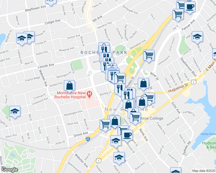 map of restaurants, bars, coffee shops, grocery stores, and more near 17 May Street in New Rochelle
