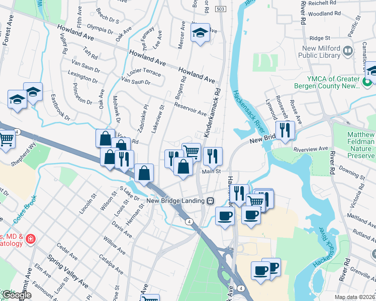 map of restaurants, bars, coffee shops, grocery stores, and more near 167 Oxford Terrace in River Edge