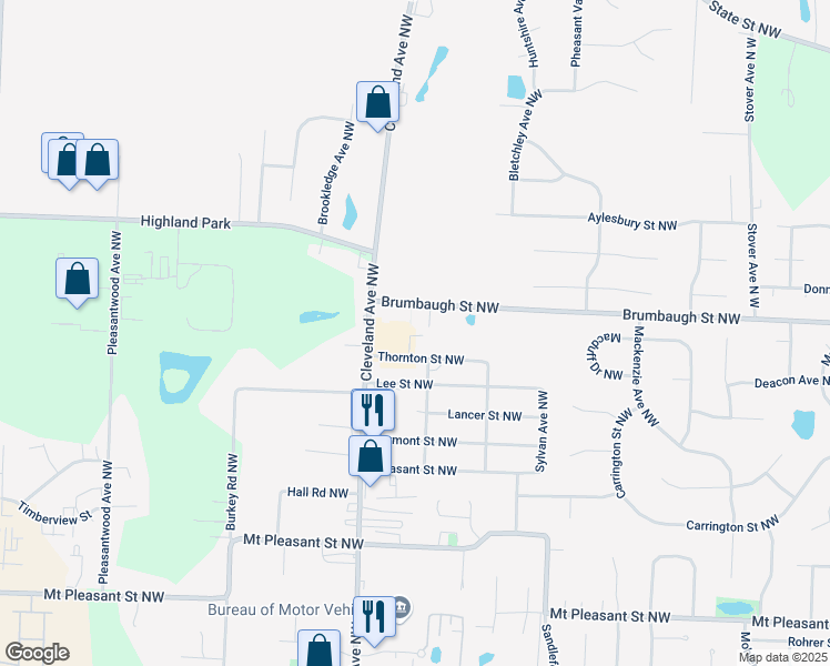 map of restaurants, bars, coffee shops, grocery stores, and more near 3135 Thornton Street Northwest in North Canton