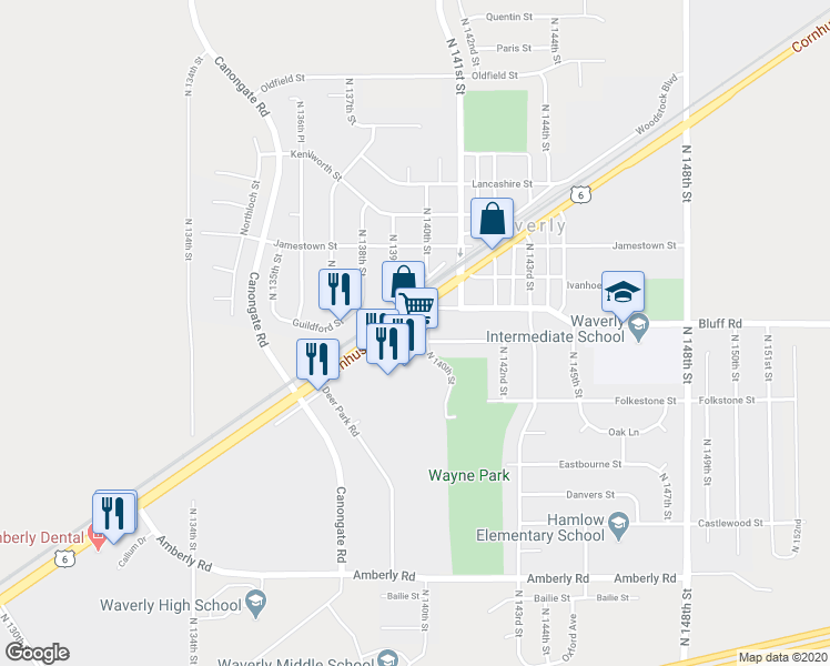 map of restaurants, bars, coffee shops, grocery stores, and more near 13940 Guildford Street in Waverly