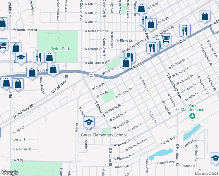 map of restaurants, bars, coffee shops, grocery stores, and more near 2320 West 1st Street in Grand Island