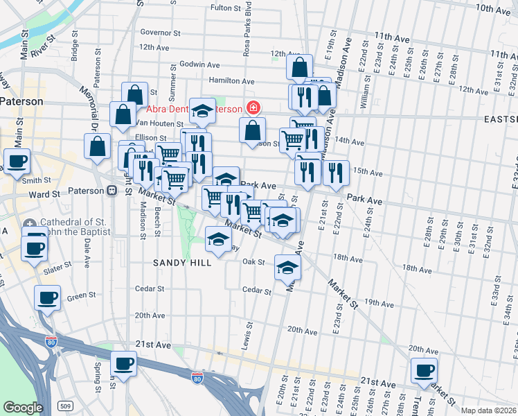 map of restaurants, bars, coffee shops, grocery stores, and more near 421 Rosa Parks Boulevard in Paterson