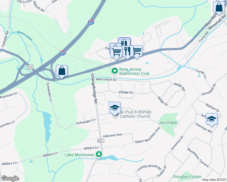 map of restaurants, bars, coffee shops, grocery stores, and more near 21 Village Dr in Montville