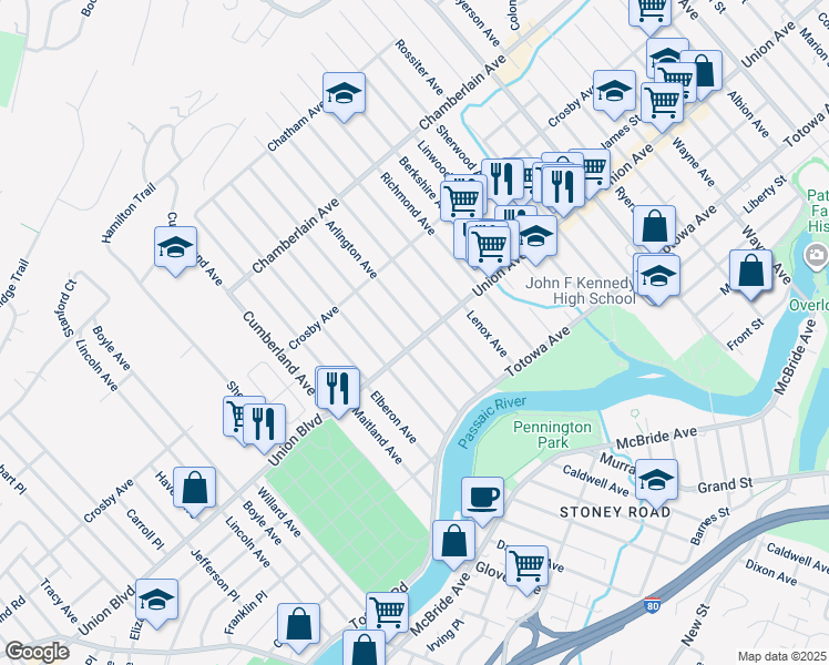 map of restaurants, bars, coffee shops, grocery stores, and more near 88 Burlington Avenue in Paterson