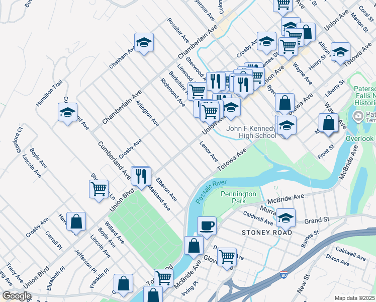 map of restaurants, bars, coffee shops, grocery stores, and more near 110 Union Avenue in Paterson