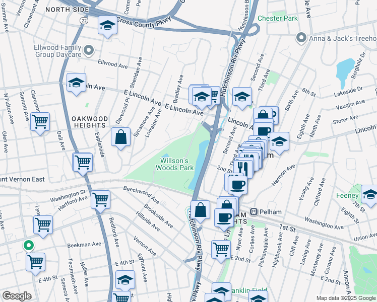 map of restaurants, bars, coffee shops, grocery stores, and more near Wilson Woods Park Road in Mount Vernon