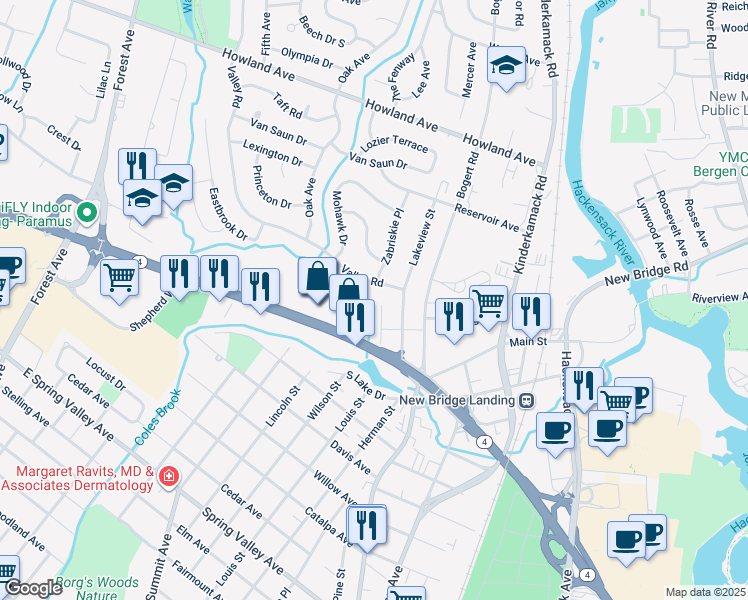 map of restaurants, bars, coffee shops, grocery stores, and more near 125 Davis Drive in River Edge