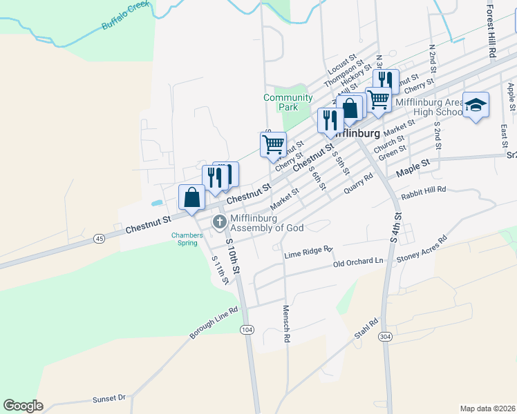 map of restaurants, bars, coffee shops, grocery stores, and more near 808 Market St in Mifflinburg