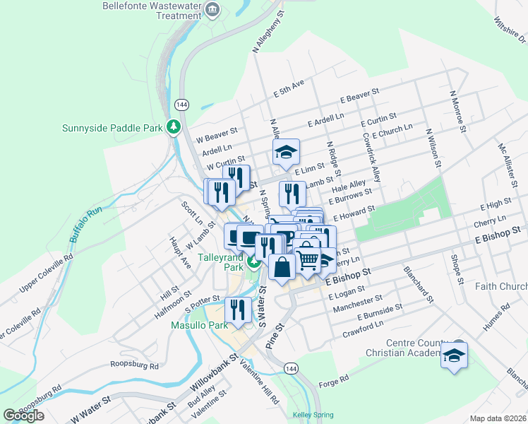 map of restaurants, bars, coffee shops, grocery stores, and more near 245 North Spring Street in Bellefonte