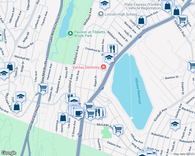 map of restaurants, bars, coffee shops, grocery stores, and more near 76 Bajart Place in Yonkers