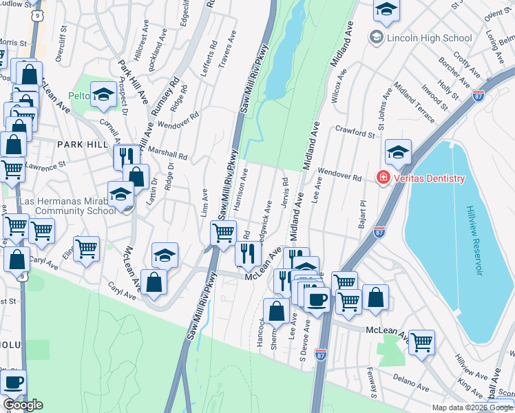 map of restaurants, bars, coffee shops, grocery stores, and more near 177 Tibbetts Road in Yonkers