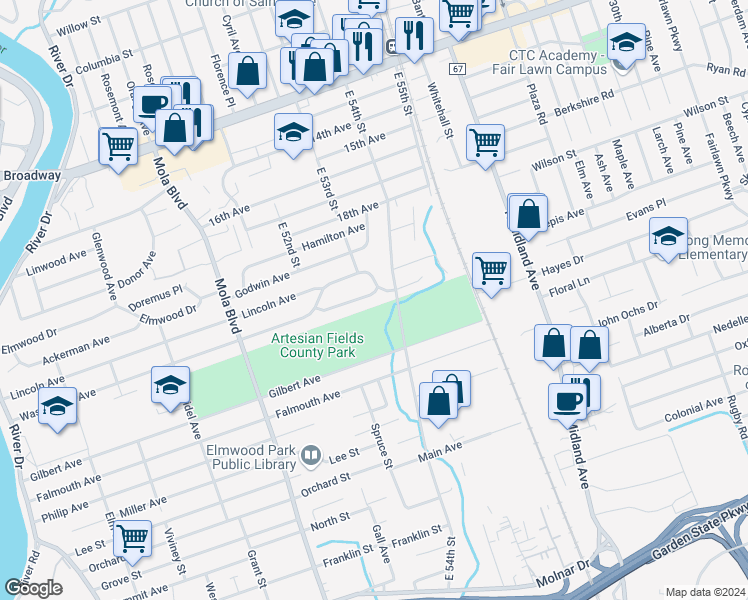 map of restaurants, bars, coffee shops, grocery stores, and more near 46 East Washington Avenue in Elmwood Park