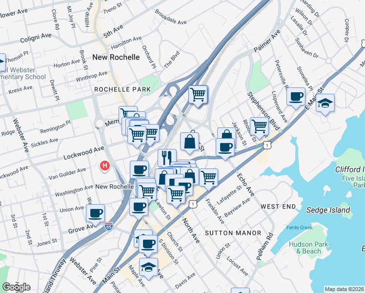 map of restaurants, bars, coffee shops, grocery stores, and more near 10 Commerce Drive in New Rochelle