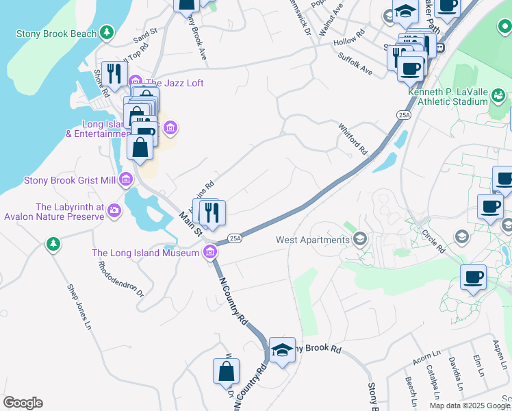 map of restaurants, bars, coffee shops, grocery stores, and more near 23 Skyview Lane in Stony Brook