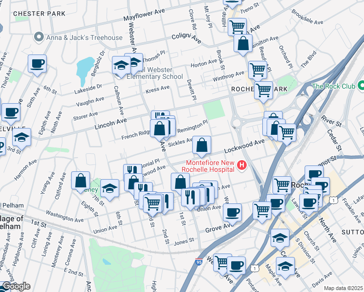 map of restaurants, bars, coffee shops, grocery stores, and more near 172 Sickles Avenue in New Rochelle