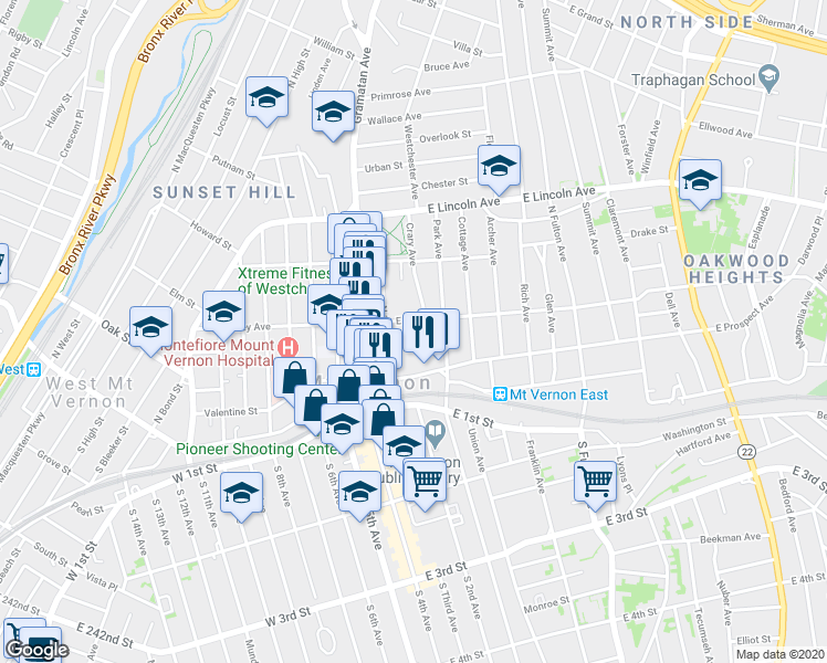 map of restaurants, bars, coffee shops, grocery stores, and more near in Mount Vernon