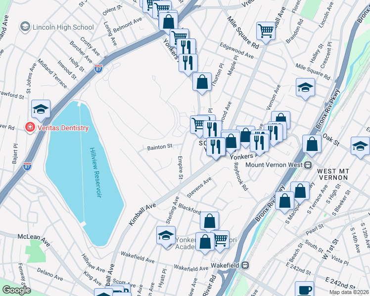 map of restaurants, bars, coffee shops, grocery stores, and more near 45 Hildreth Place in Yonkers