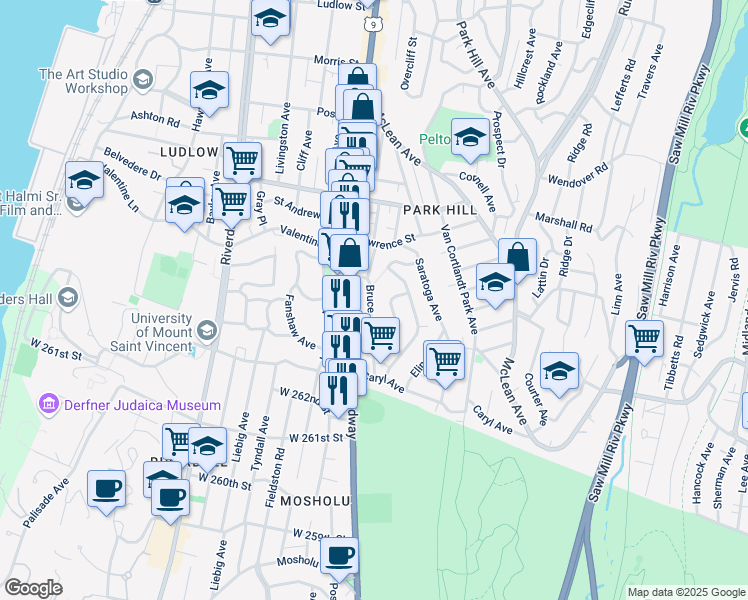 map of restaurants, bars, coffee shops, grocery stores, and more near 105 Bruce Avenue in Yonkers