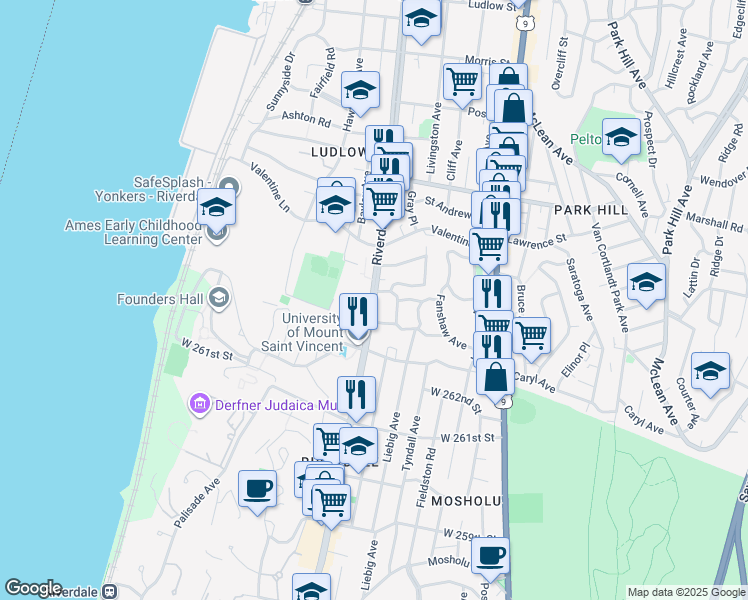 map of restaurants, bars, coffee shops, grocery stores, and more near 532 Riverdale Avenue in Yonkers
