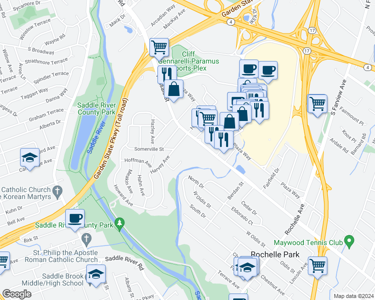 map of restaurants, bars, coffee shops, grocery stores, and more near 235 West Passaic Street in Rochelle Park