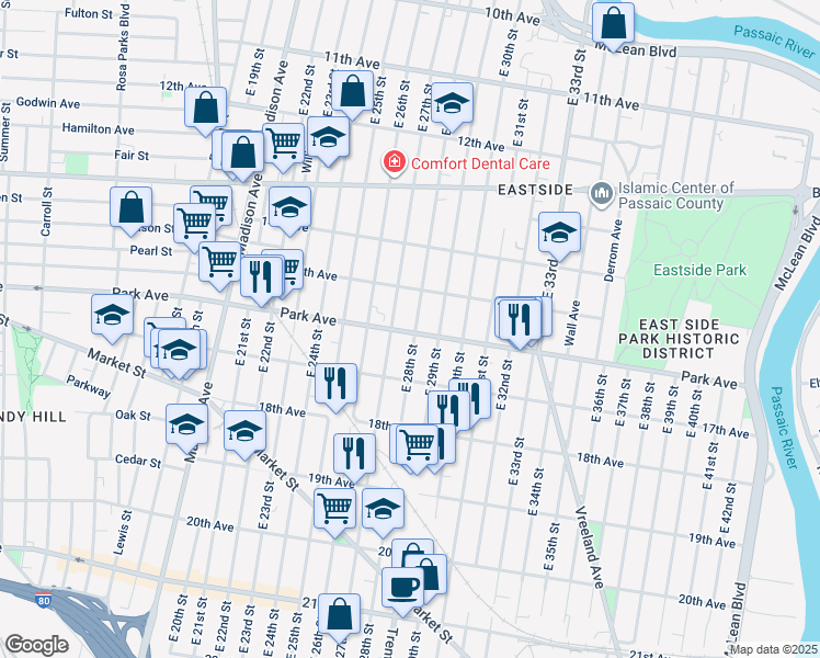 map of restaurants, bars, coffee shops, grocery stores, and more near 412 Park Avenue in Paterson