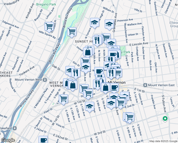 map of restaurants, bars, coffee shops, grocery stores, and more near 68 North 9th Avenue in Mount Vernon