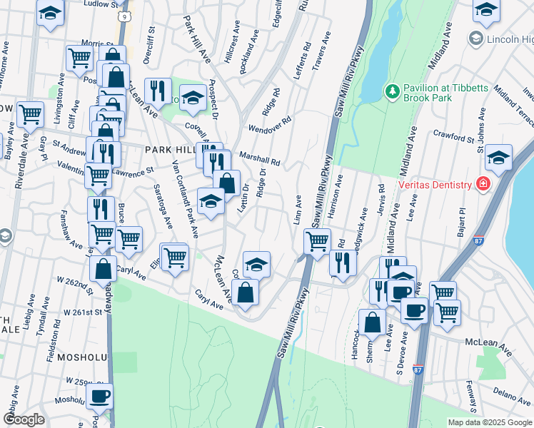 map of restaurants, bars, coffee shops, grocery stores, and more near 31 Gibson Place in Yonkers