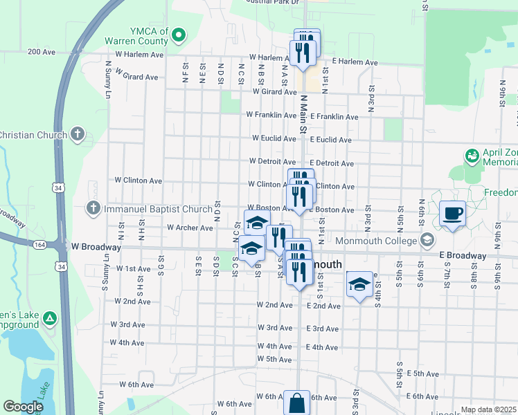 map of restaurants, bars, coffee shops, grocery stores, and more near 301 West Boston Avenue in Monmouth