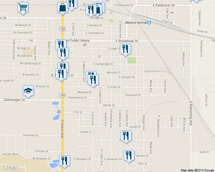map of restaurants, bars, coffee shops, grocery stores, and more near 446 East Grant Street in Alliance
